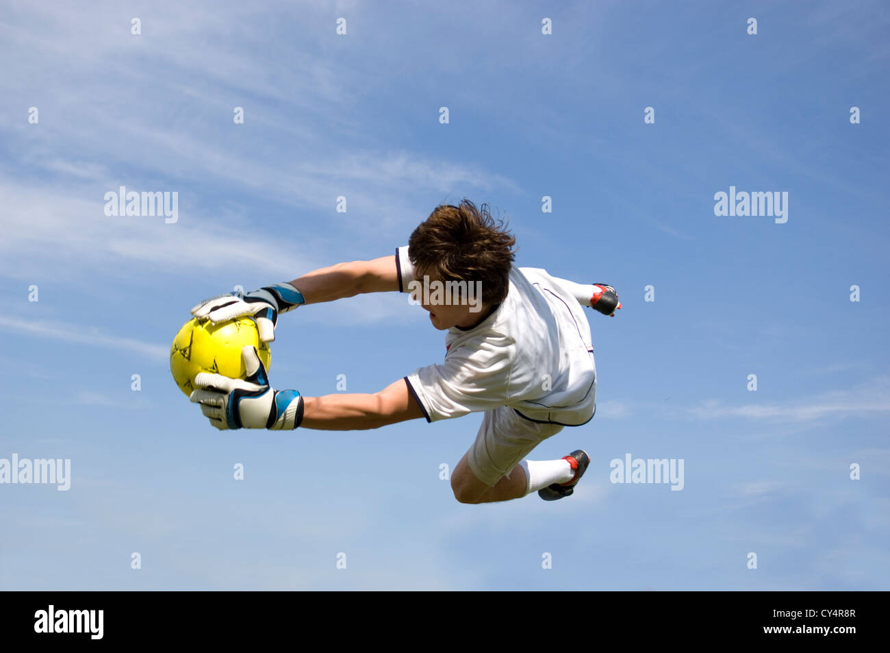Soccer Football Goal Keeper Making Diving Save Stock Photo Alamy
