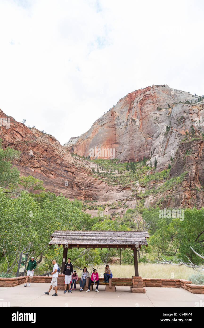 People waiting for a shuttle at the Zion National Park, Utah Stock Photo