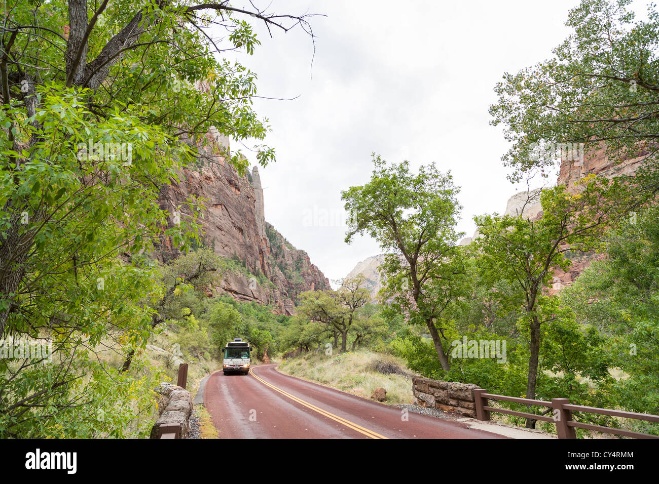 Shuttle on the Canyon Scenic Dr. at Zion National Park, Utah Stock Photo