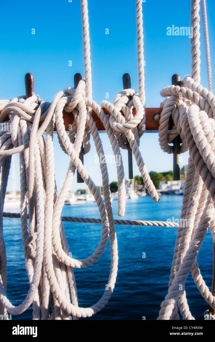 USA, Maine, Camden, Coiled ropes on yacht deck Stock Photo Alamy
