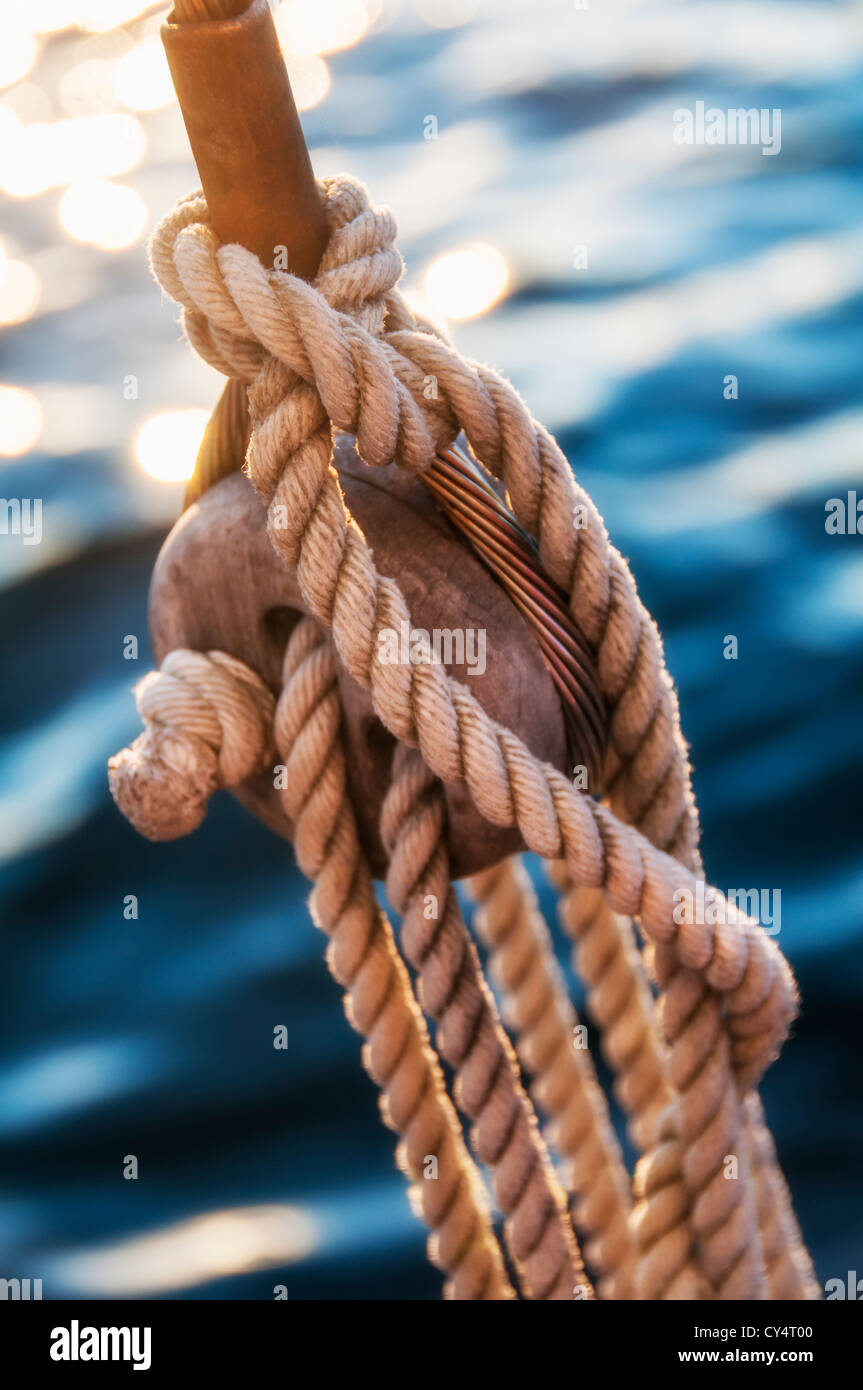 USA, Maine, Camden, Coiled ropes on yacht deck Stock Photo Alamy