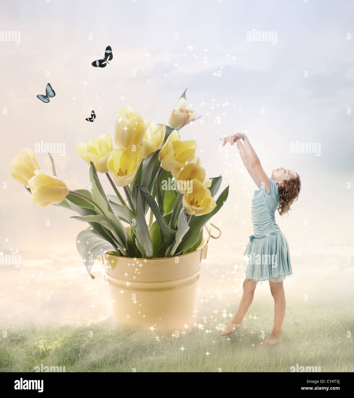 Little Girl with Big Flowers (Fantasy) Stock Photo