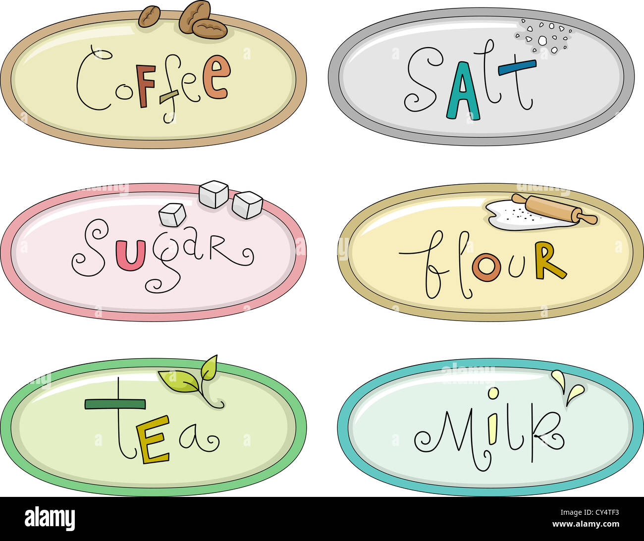 Illustration Featuring Canister Labels for Coffee, Salt, Sugar, Flour, Tea, and Milk Stock Photo