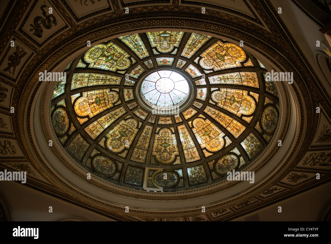 Stained glass dome in the Chicago Cultural Center designed by Healy