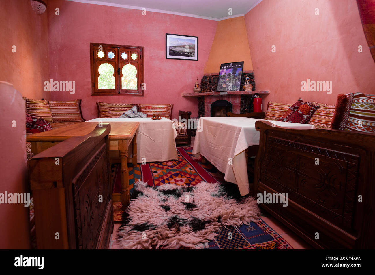 Communal area at Riad Oussagou in Imlil in the Atlas Mountains, Morocco. Stock Photo