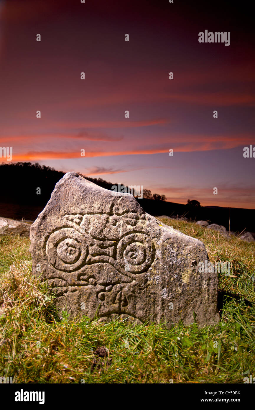 The ancient Congash Pictish Symbol Stone at sunset, Grantown on Spey.  SCO 8747 Stock Photo