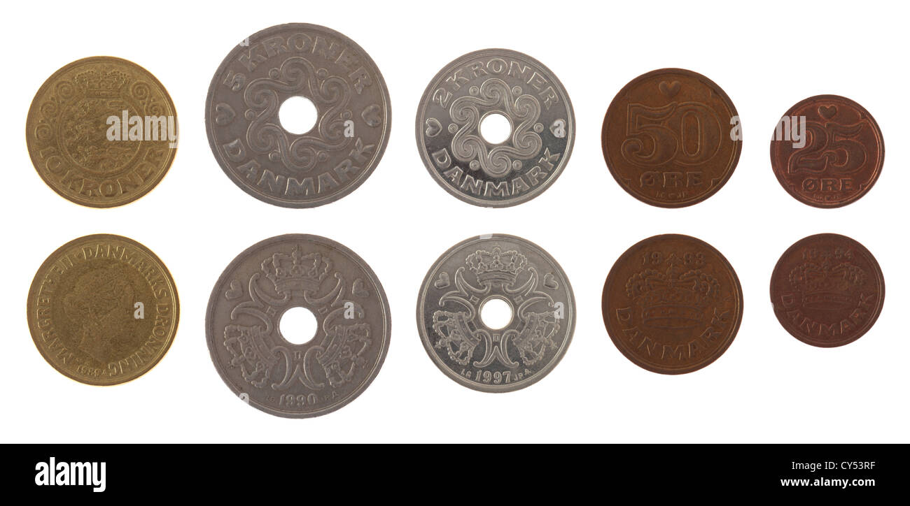Danish krone coins isolated on white Stock Photo
