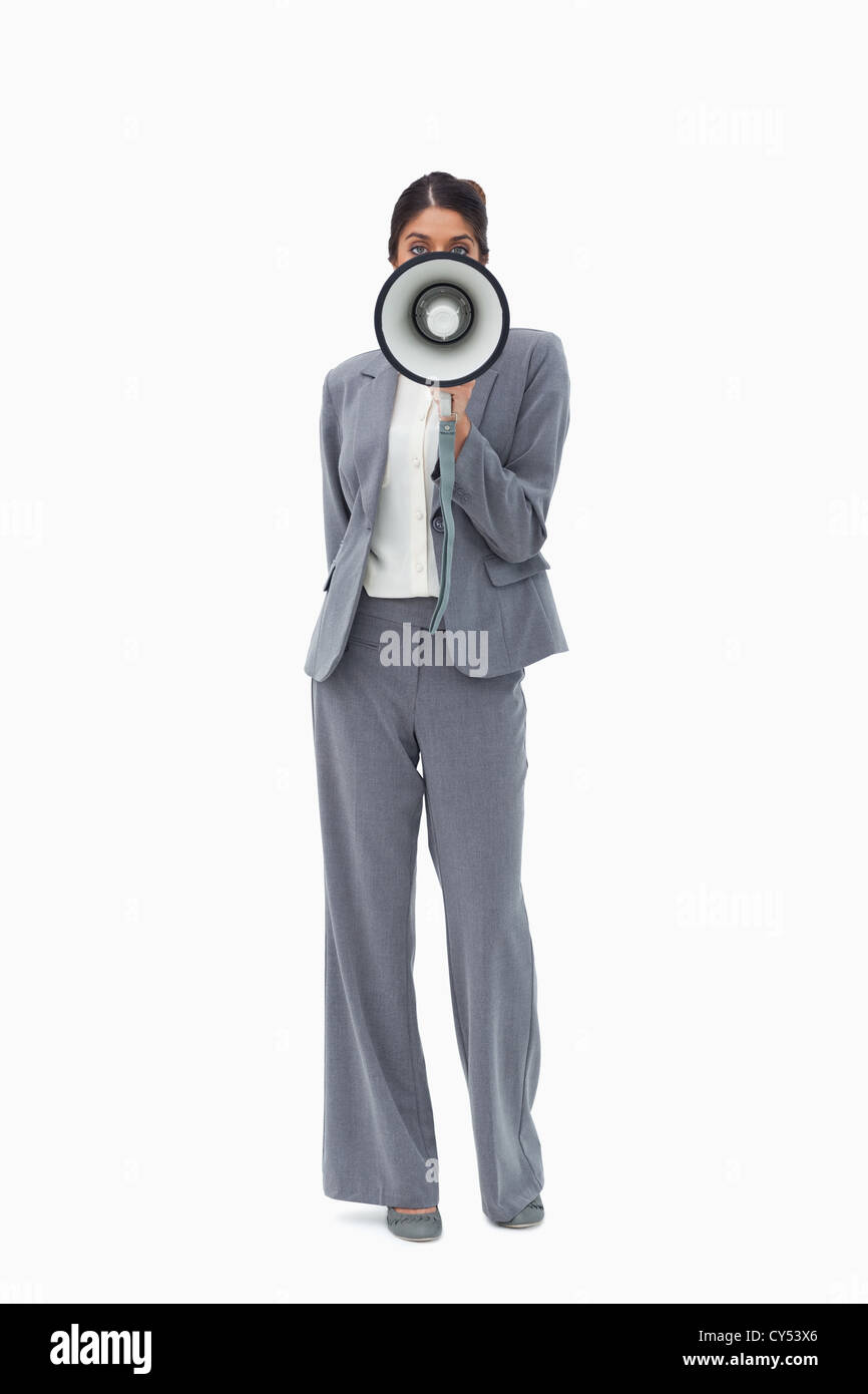 Saleswoman with megaphone Stock Photo