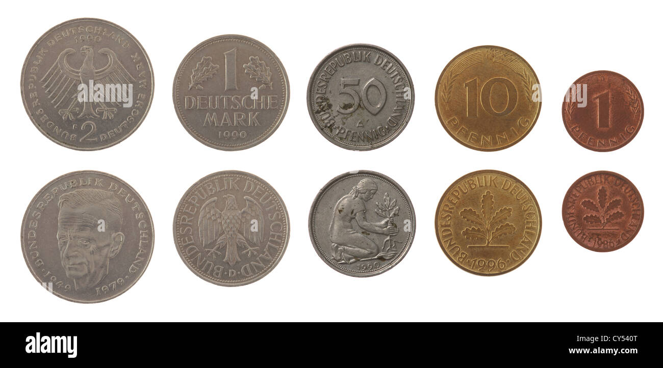 Old Deutsche mark coins isolated on white Stock Photo