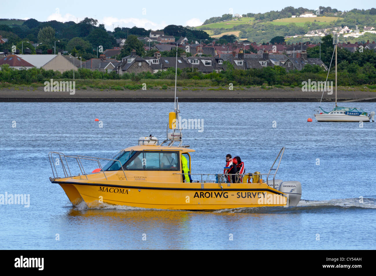 Catamaran survey boat Macoma operated by Bangor University used for biological, chemical, oceanographic and geological sampling Stock Photo