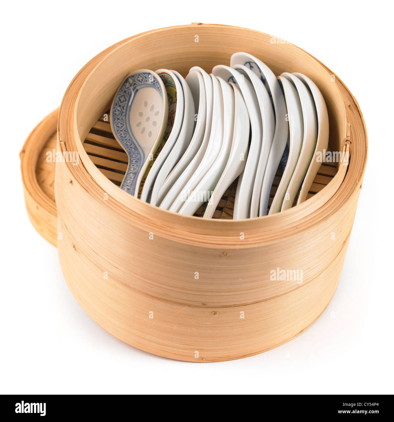 Chinese bamboo rice steamer used for storing oriental soup spoons Stock Photo Alamy