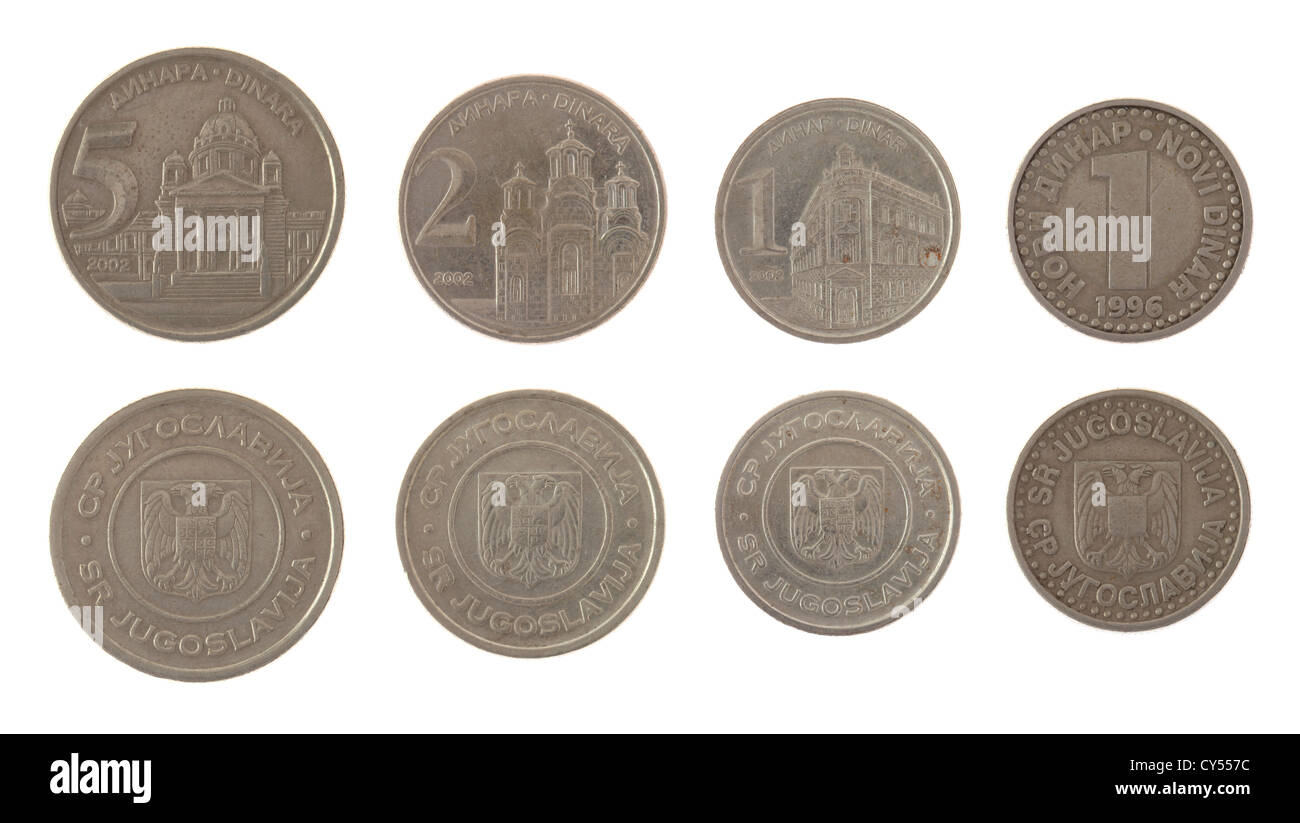 Old Yugoslav new dinar coins used from 1994 to 2002. Obverse and reverse isolated on white. Stock Photo