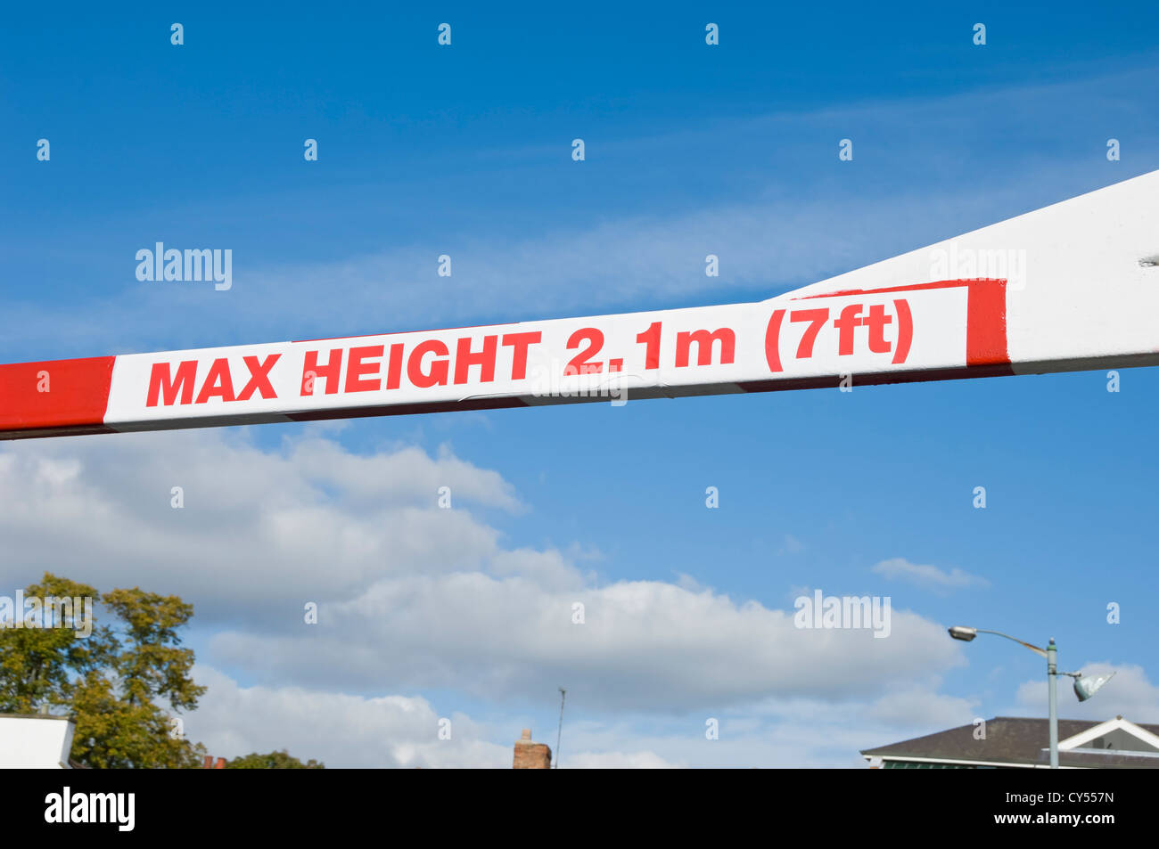Close up of Maximum max height restriction warning sign signage on barrier York North Yorkshire England UK United Kingdom GB Great Britain Stock Photo