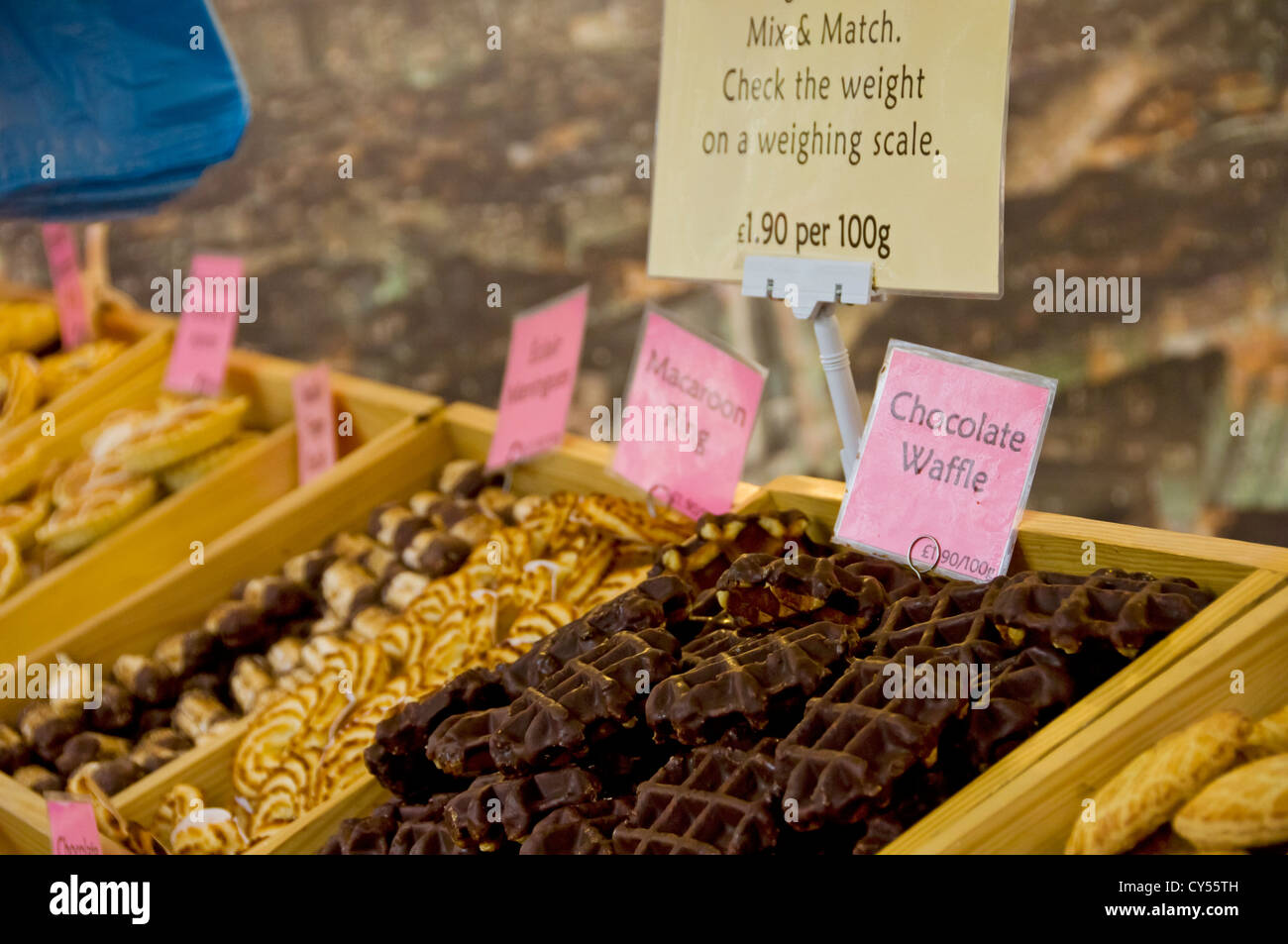 Close up of chocolate waffles biscuits for sale on continental bakery market stall York North Yorkshire England UK United Kingdom GB Great Britain Stock Photo