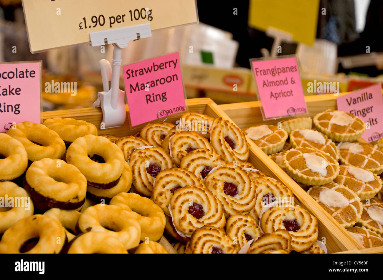Close up of Pastry Pastries for sale on continental bakery market stall
