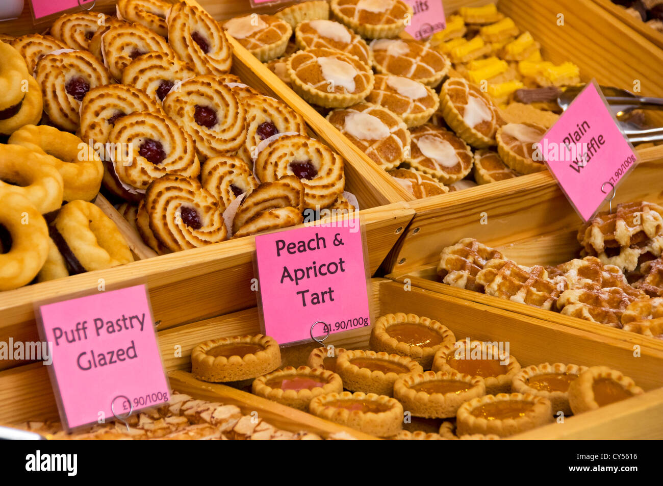 Close up of Pastry Pastries for sale on continental bakery market stall York North Yorkshire England UK United Kingdom GB Great Britain Stock Photo