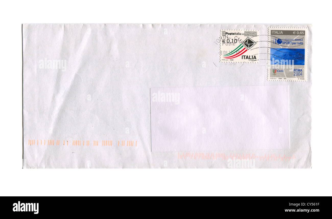 ITALIA - CIRCA 2012: Mailing envelope with postage stamps dedicated to Italian Post and Sport, circa 2012. Stock Photo