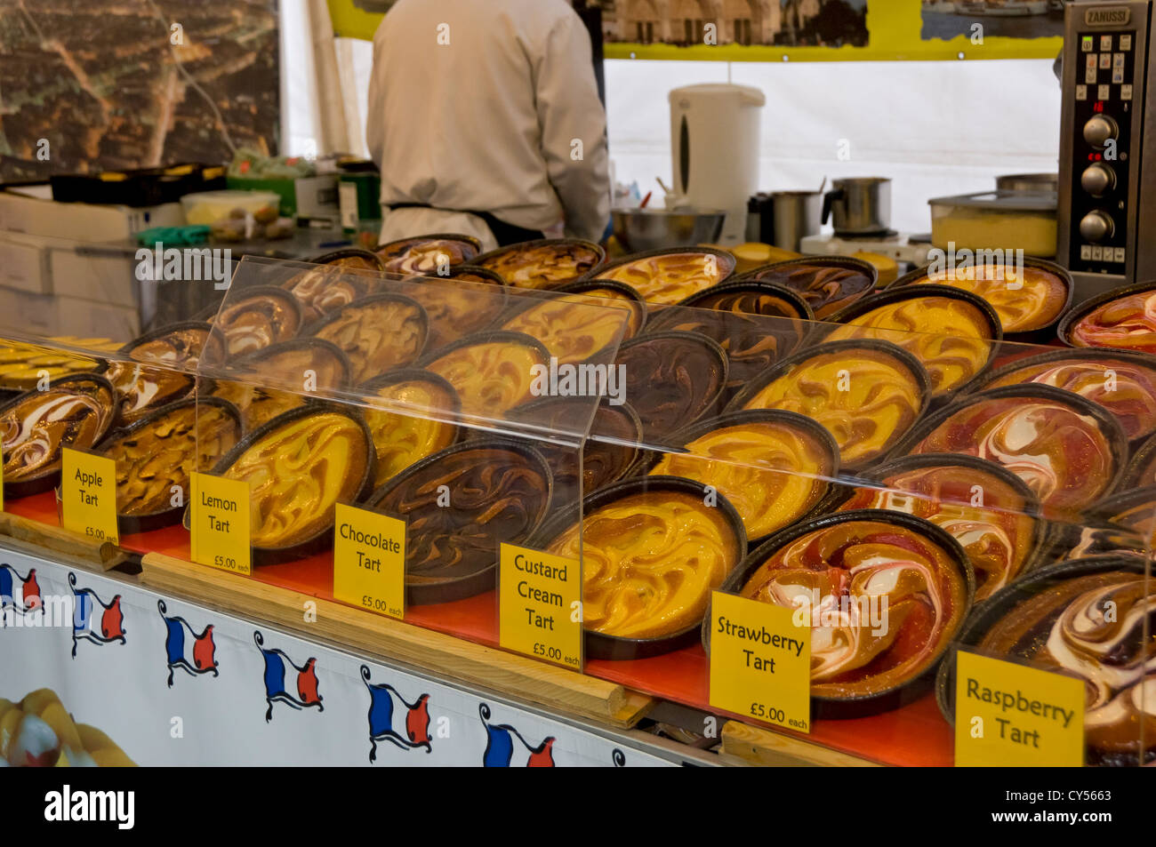 Close up of French pastries for sale on continental bakery market stall York North Yorkshire England UK United Kingdom GB Great Britain Stock Photo