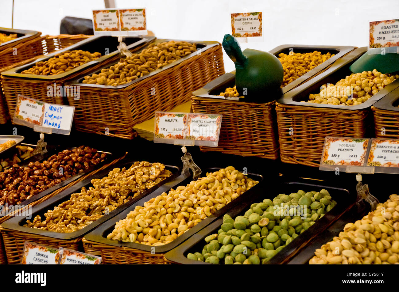 Nuts for sale on continental market stall York North Yorkshire England UK United Kingdom GB Great Britain Stock Photo