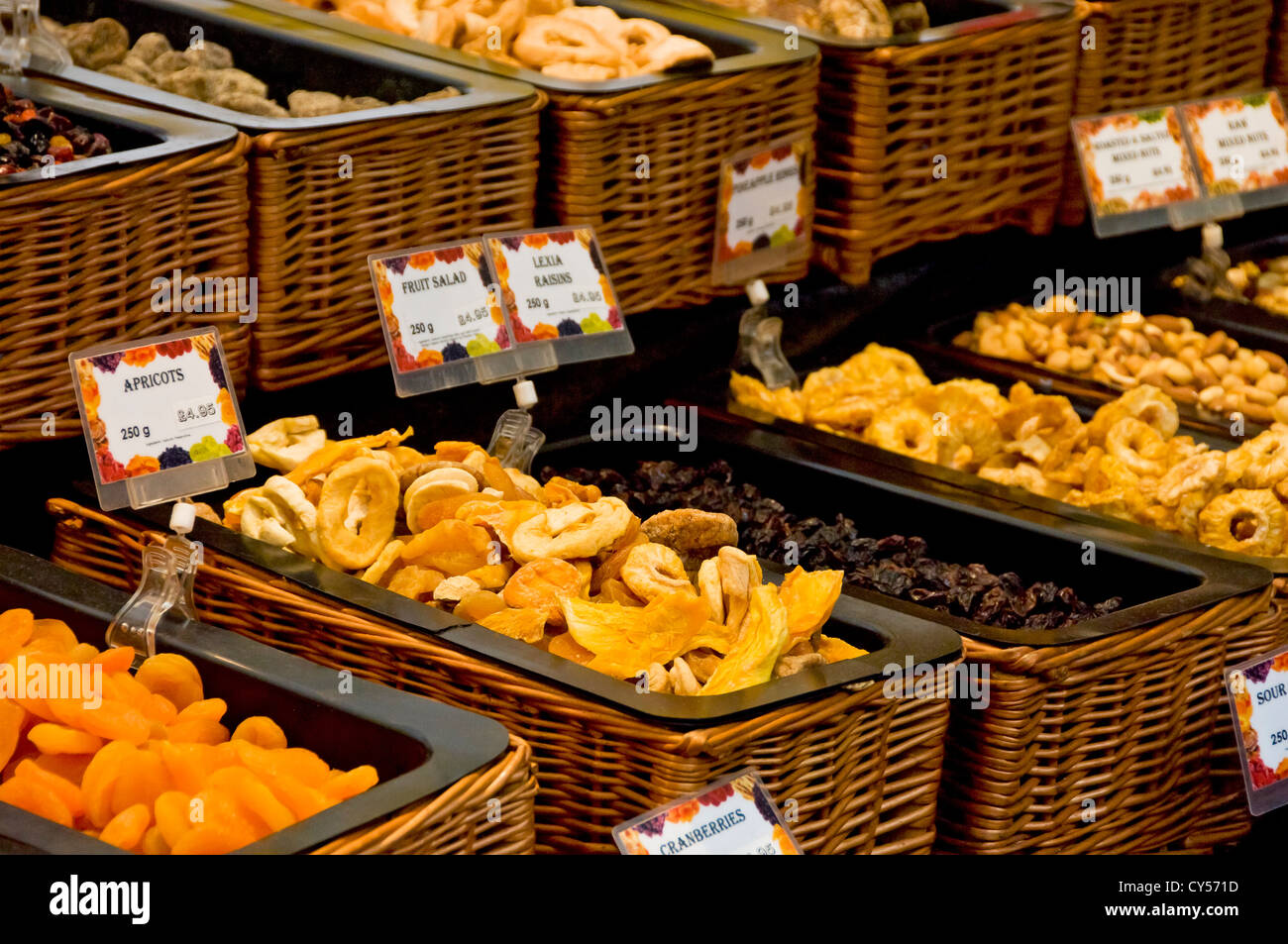 Close up of dried fruit fruits for sale on continental market stall York North Yorkshire England UK United Kingdom GB Great Britain Stock Photo