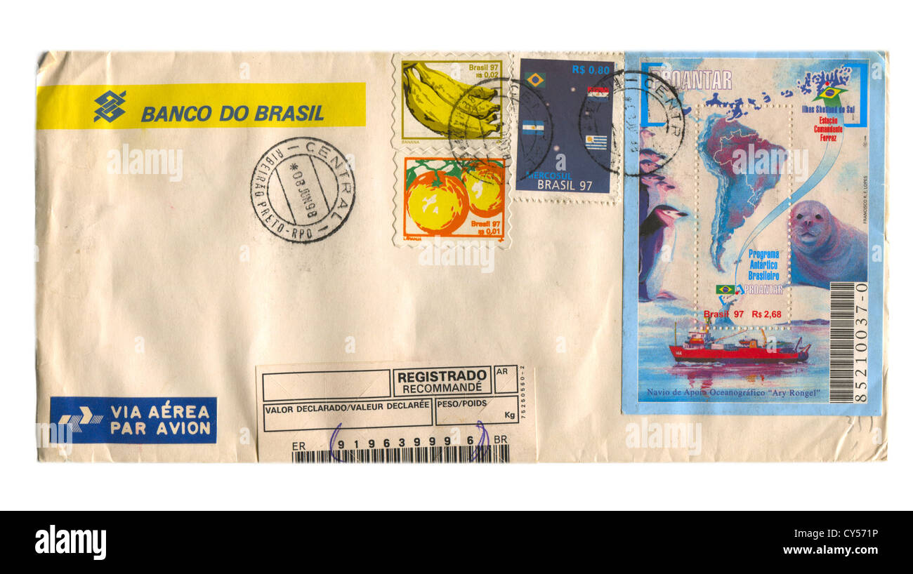 BRAZIL CIRCA 1997 Mailing envelope with postage stamps dedicated to