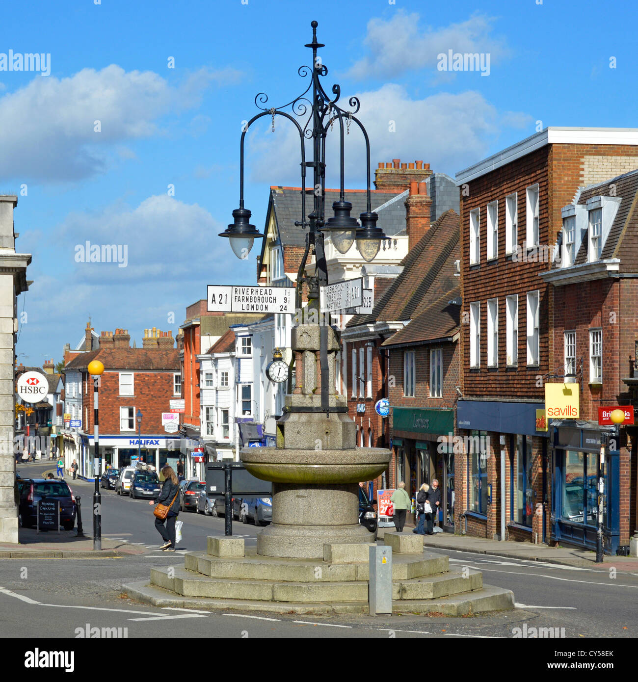 Fountain and signposts at junction of London Road and Sevenoaks High Street Kent England UK Stock Photo