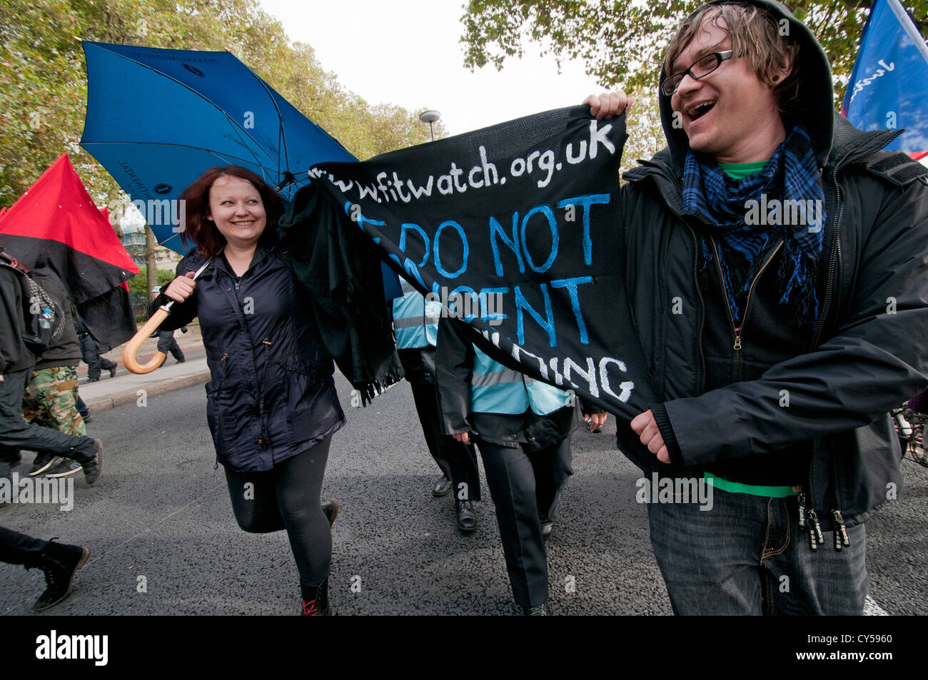Anarchist Black Bloc  disrupt Anti-austerity and anti cuts  protest organized by the TUC  marched through through Central London Stock Photo