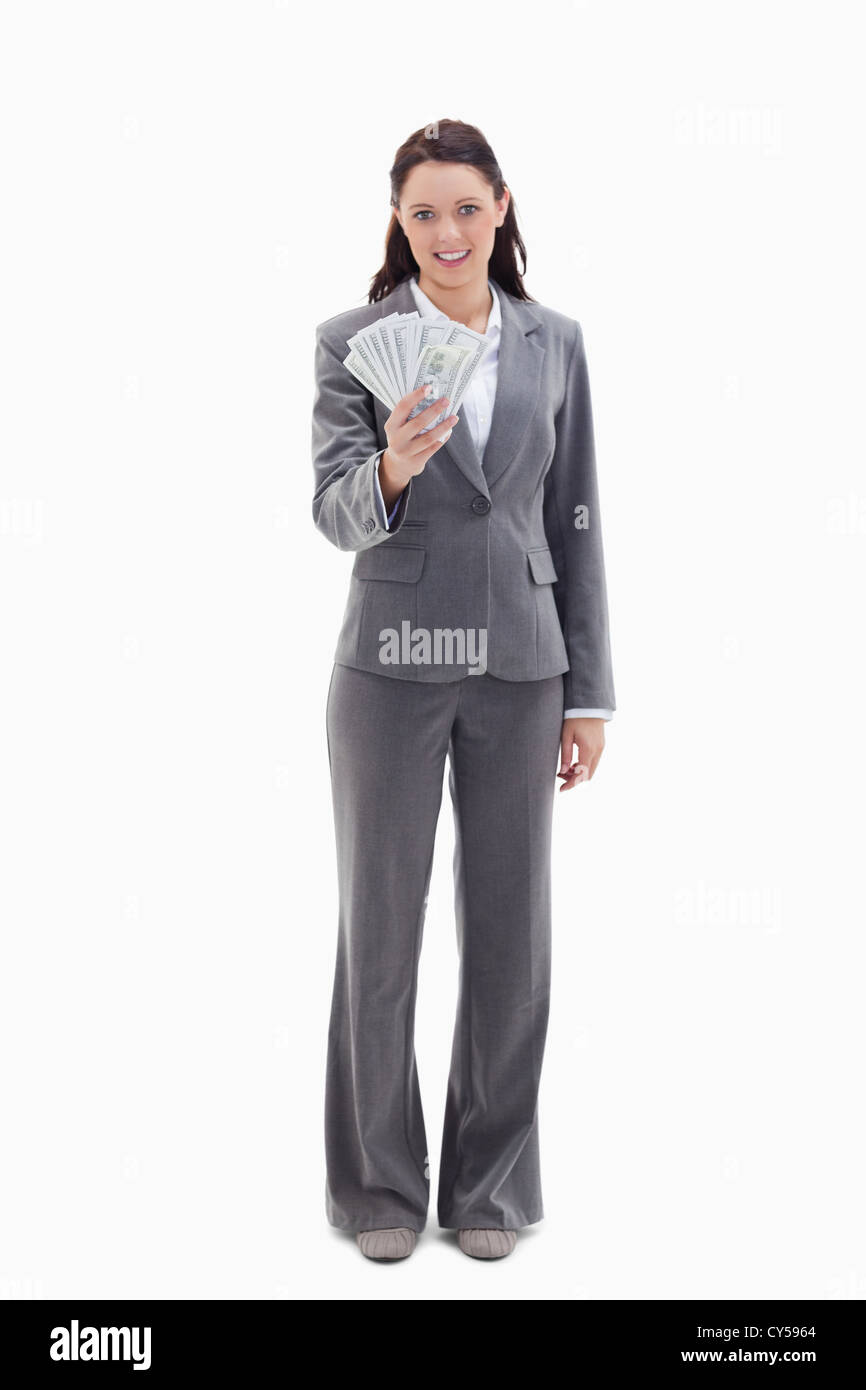 Businesswoman holding  dollar bank notes Stock Photo