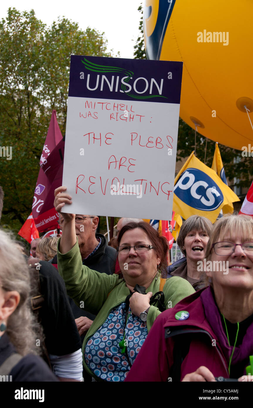 Anti-austerity and anti cuts  protest organized by the TUC  marched through Central London Oct 2012 Stock Photo