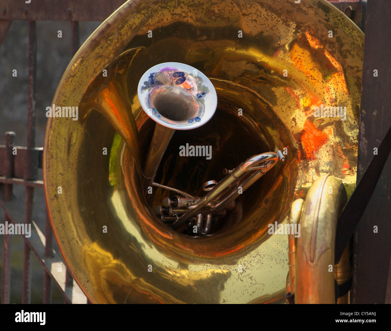 Nested brass instruments during a beer break at the Zoelense Dweildag in the Netherlands Stock Photo