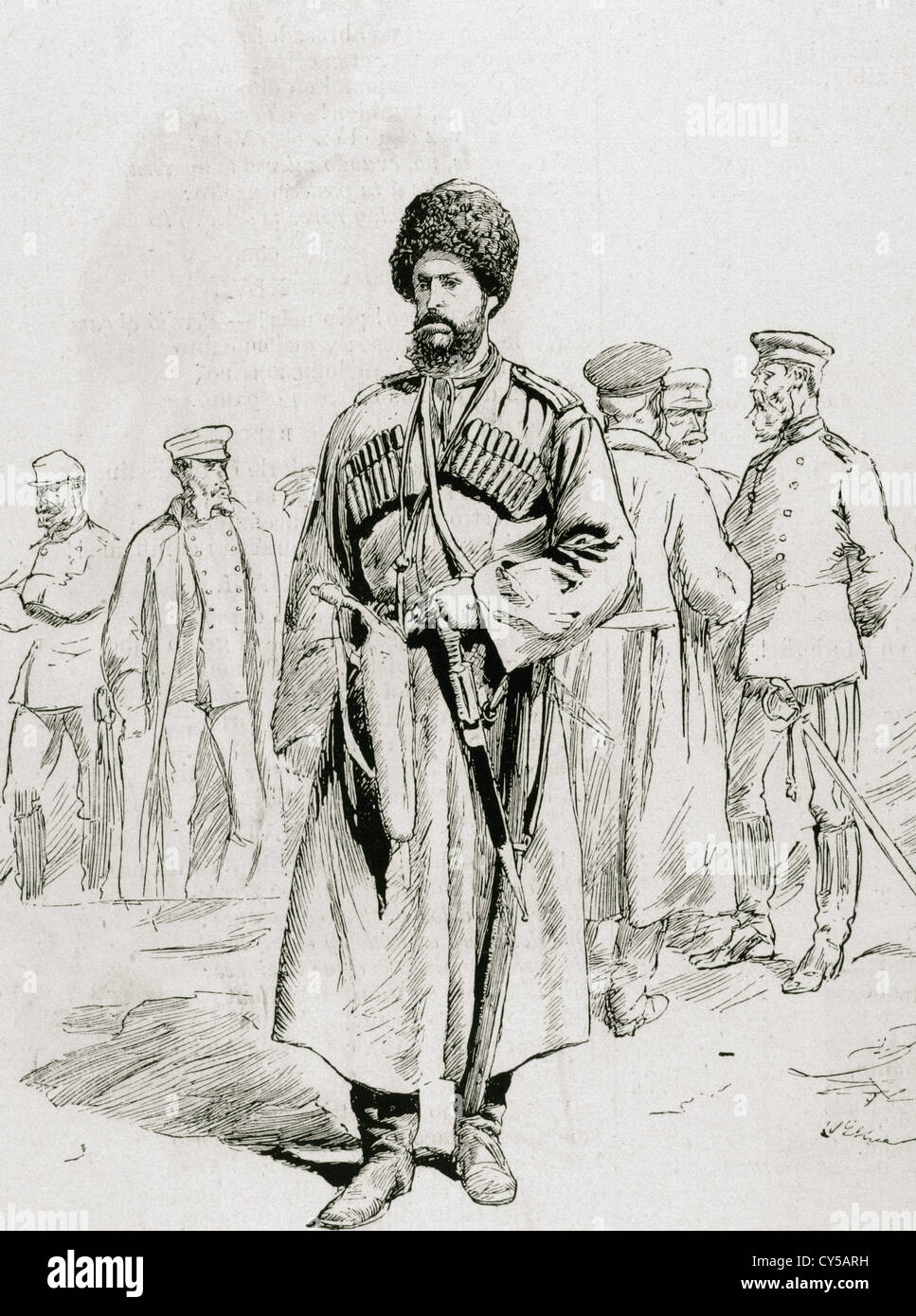 Russian militaries. Firstly a cossack. 19th century. Engraving in 'The Spanish and American Illustration', 1877. Stock Photo
