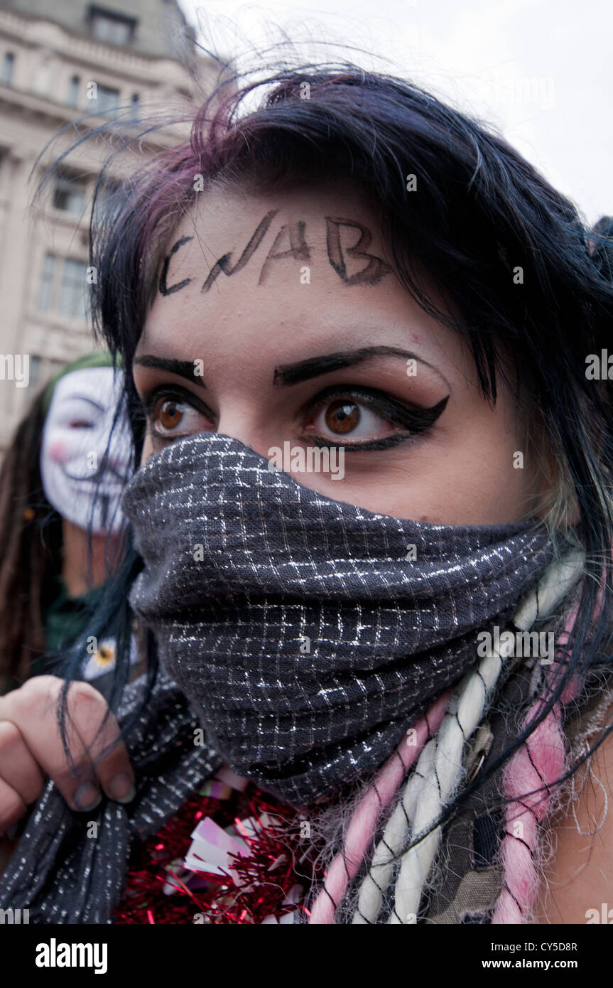 Anarchist Black Bloc  disrupt Anti-austerity and anti cuts  protest organized by the TUC  marched through through Central London Stock Photo