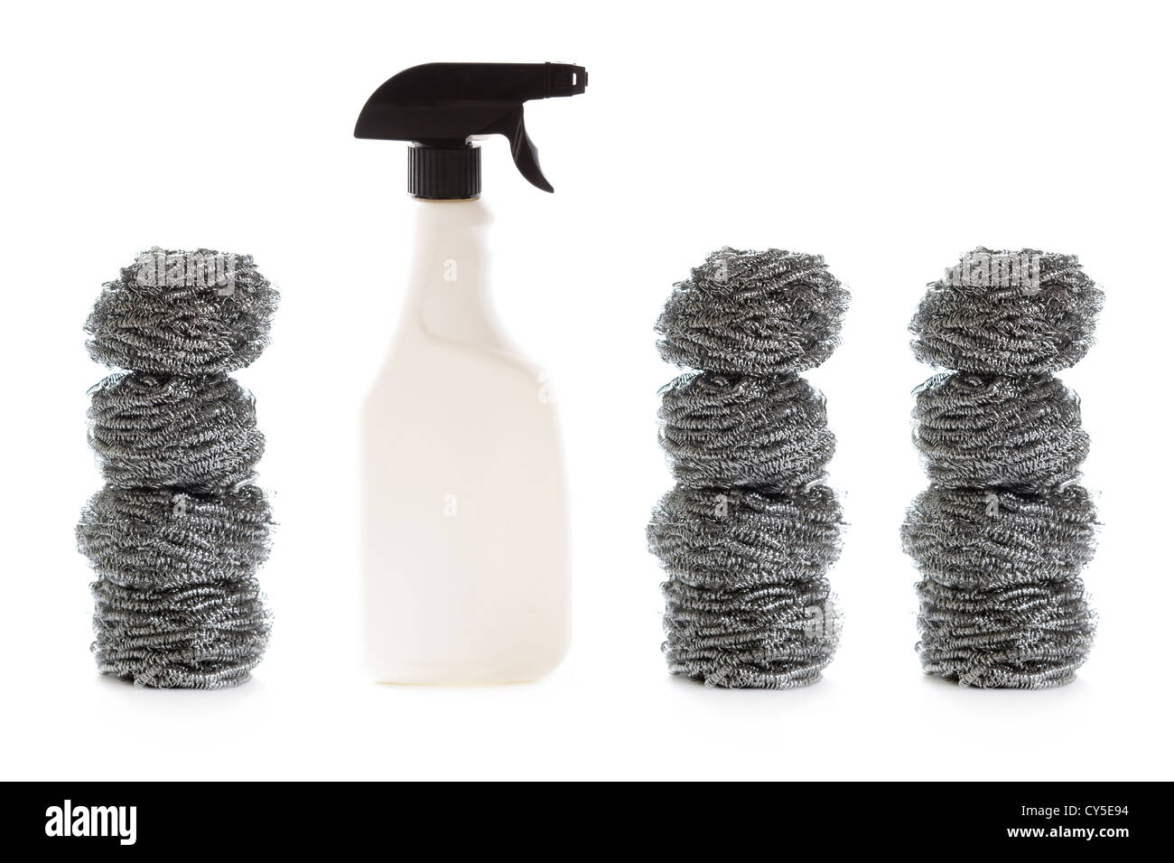 cleaning spray bottle and scouring pads isolated on a white background