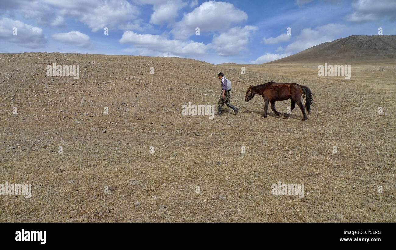 A Mongolian man with his horse, about an hour's drive from Ulaanbaatar (or Ulan Bator). Stock Photo