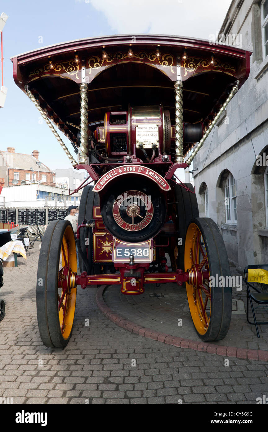 Front view of a Burrell Showmans Road Locomotive, 2342 "The Vanguard" on display at the Ramsgate Harbour Steam event.