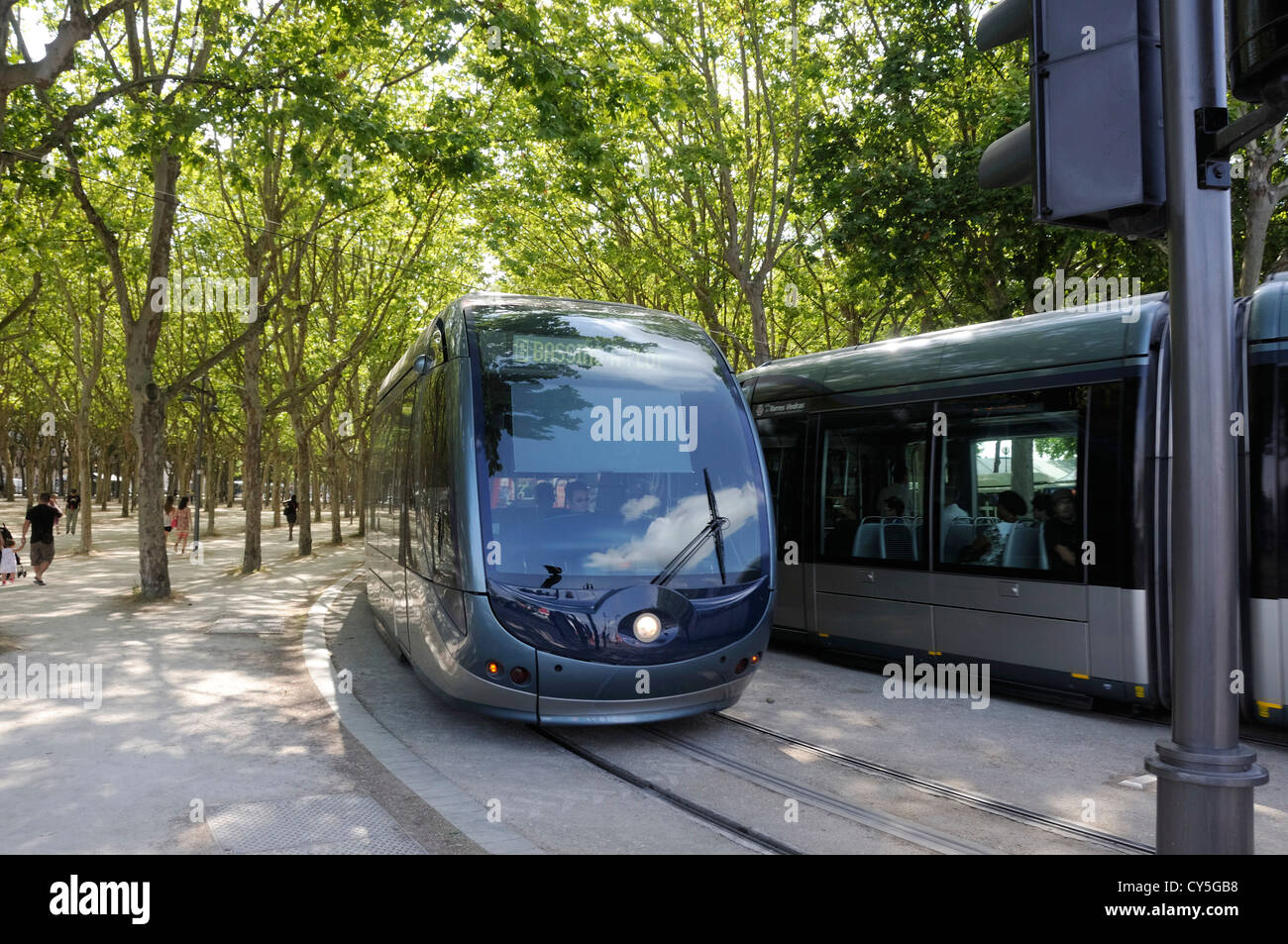 Public transport tram system in old Bordeaux, France, Europe Stock Photo