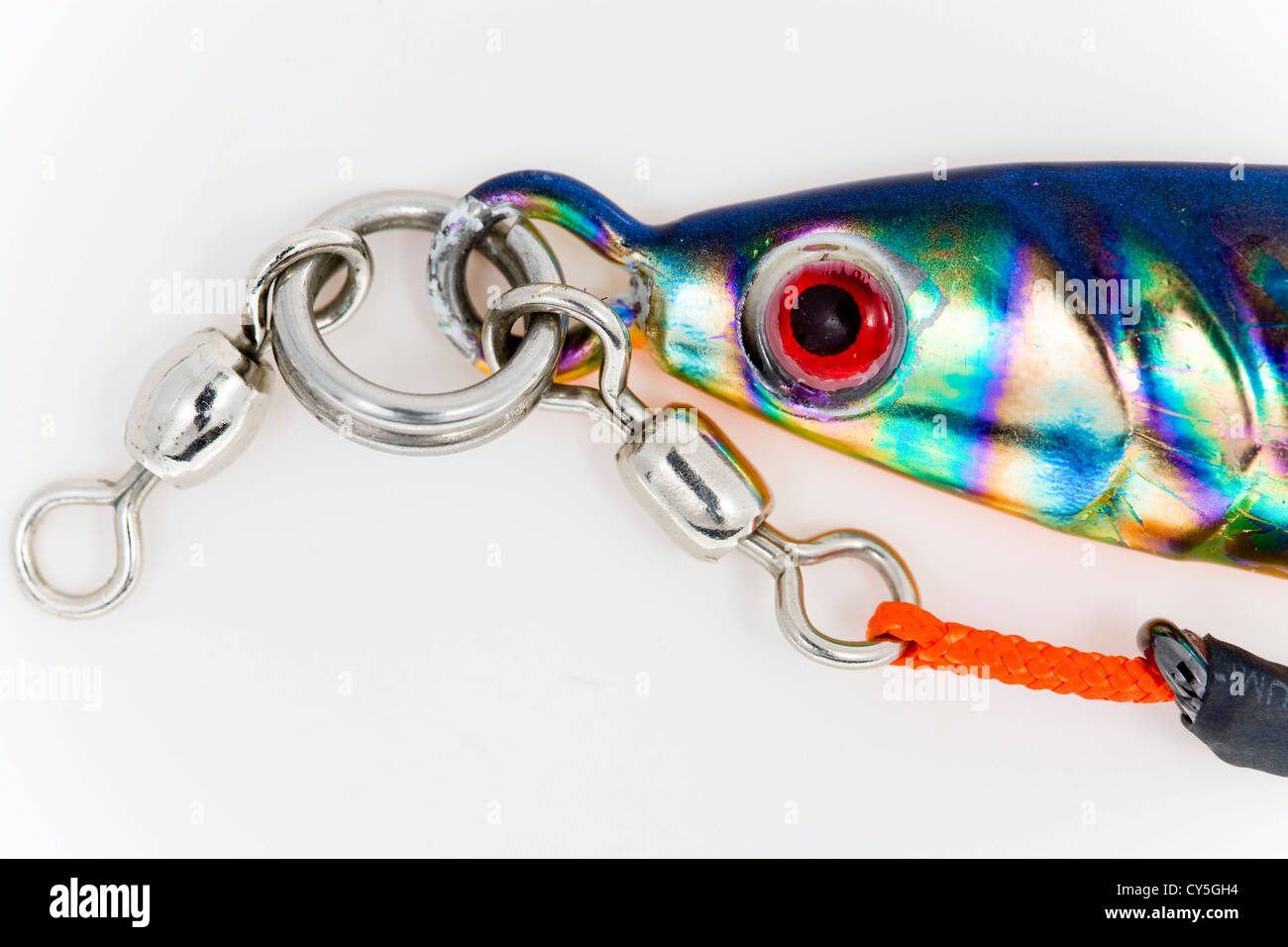 Deep Sea Fishing Jig rigged with assist hook on white background. Stock Photo