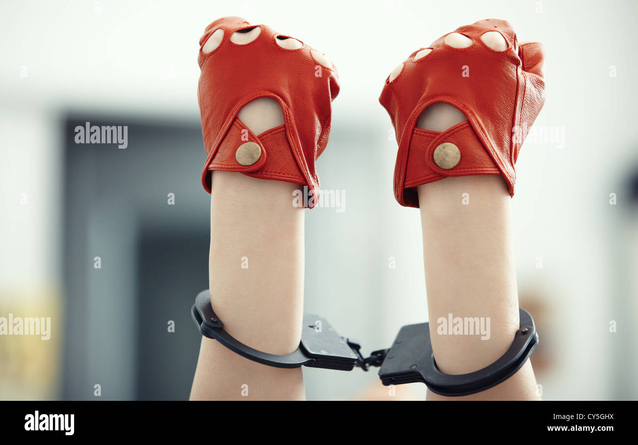 Two human hands in handcuffs. Horizontal photo Stock Photo