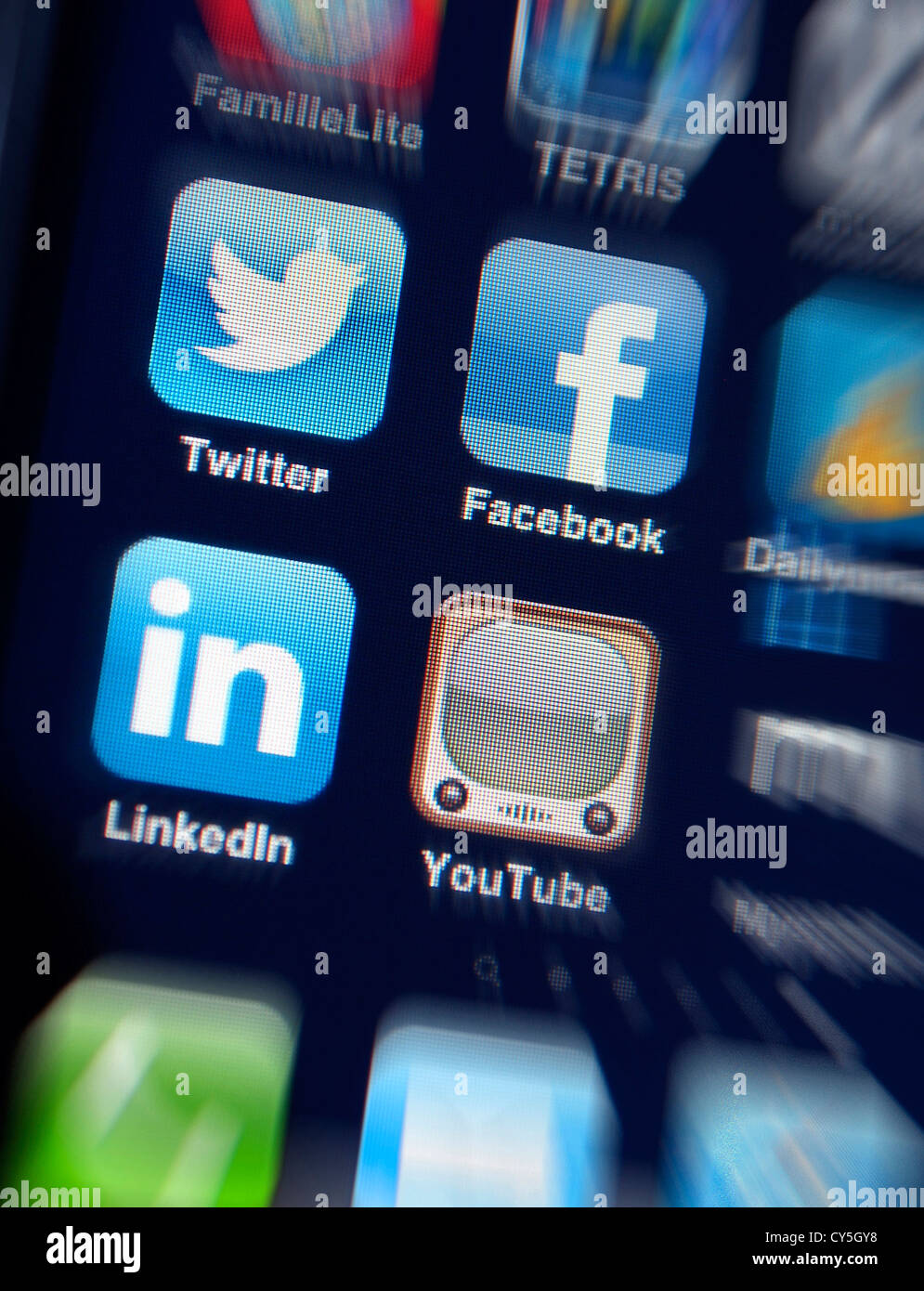 Social networks, icons on an iPhone Stock Photo