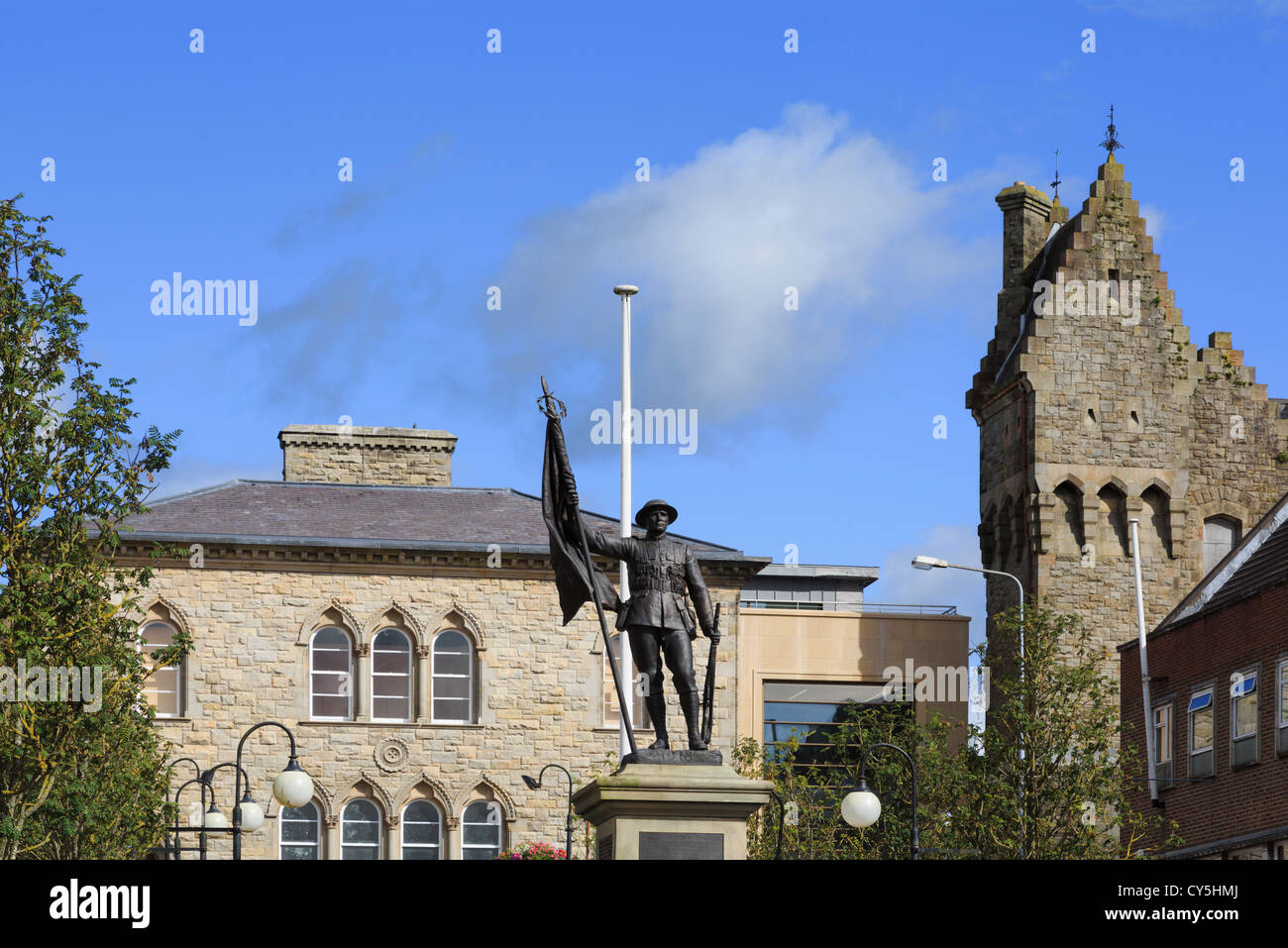 War memorial and former police barracks in an unusual castle-like building in Market Square Dungannon Tyrone Northern Ireland UK Stock Photo