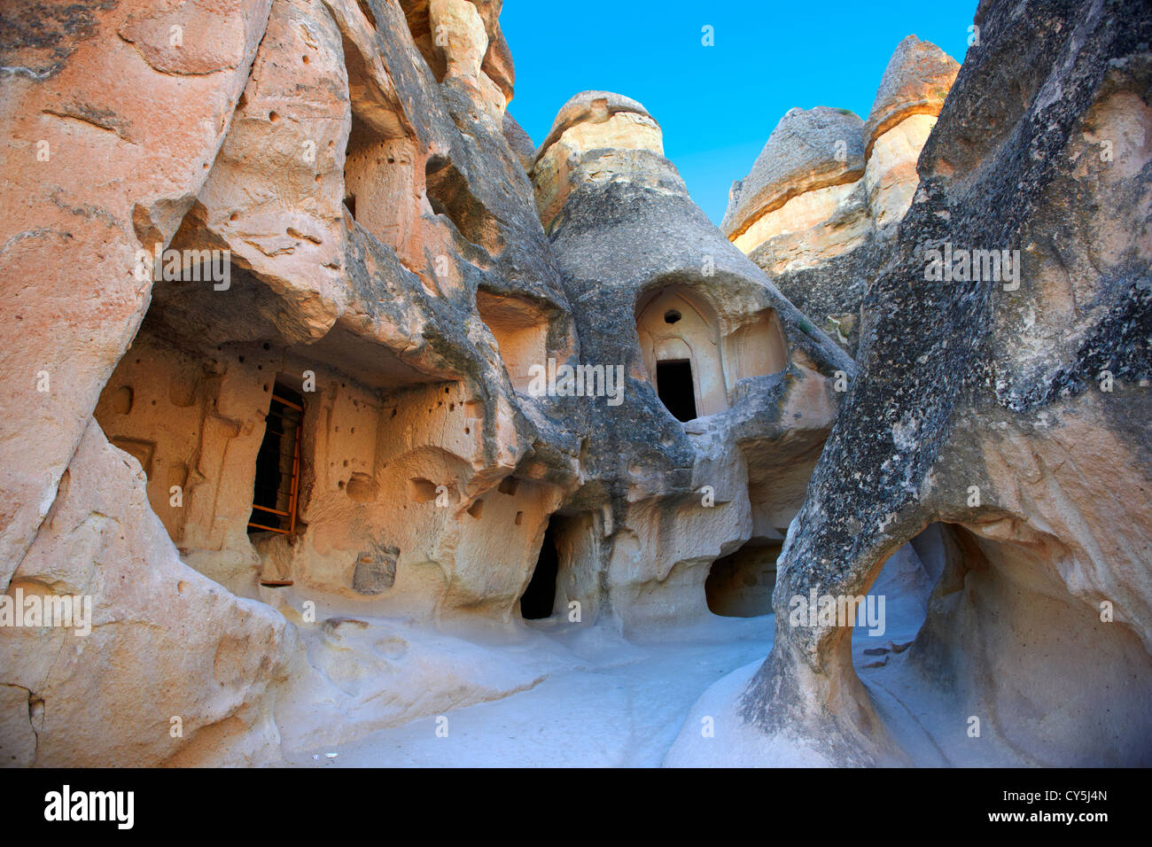 Early Christian church in the fairy chimney rock formations and rock pillars of “Pasabag Valley” near Goreme, Cappadocia, Nevsehir, Turkey Stock Photo