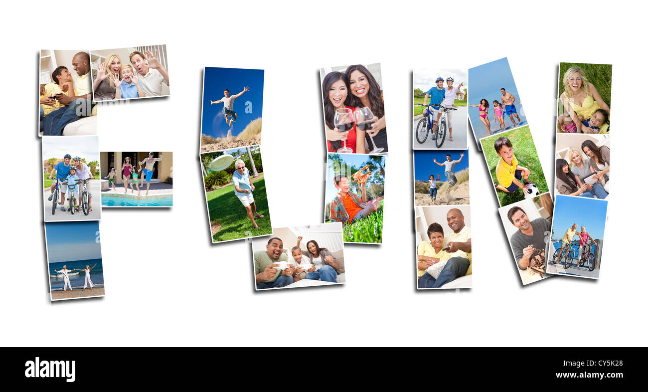 Fun concept montage of men women children families playing together being active, laughing and having fun together Stock Photo