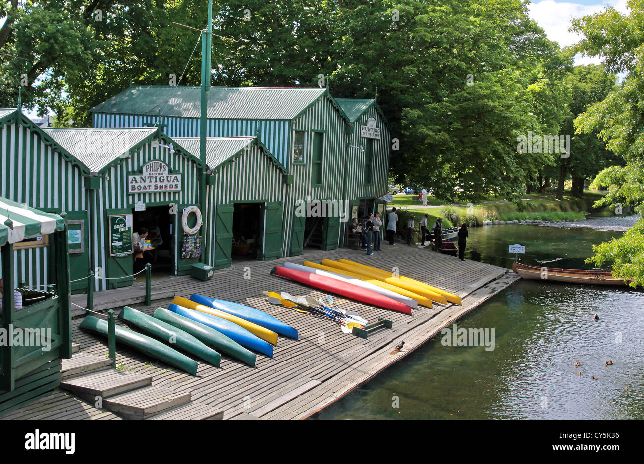Antigua Boat sheds at the river Avon in Christchurch, Canterbury, South Island, New Zealand Stock Photo