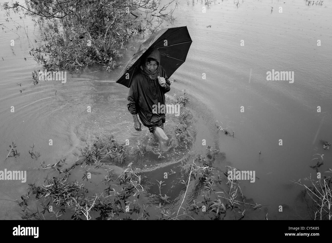A woman walking with umbrella in a flooded rural area caused by Cyclone Nargis in the Republic of the Union of Myanmar or Burma Stock Photo