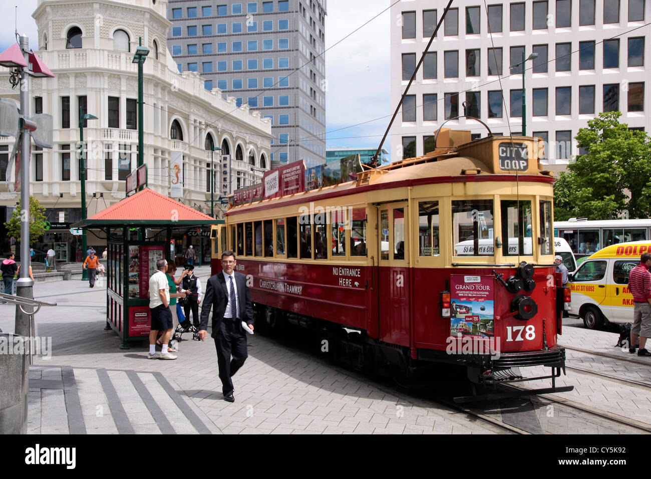 Christchurch Tram at the Cathedral Square, Christchurch, Canterbury, South Stock Photo