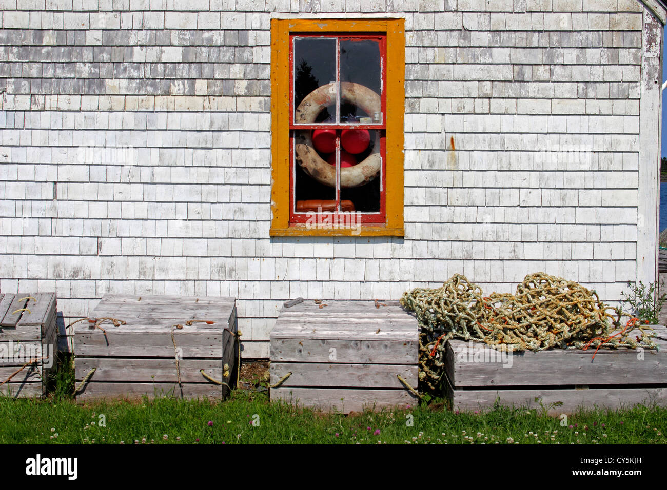 Canada Nova Scotia Atlantic Maritime Provinces Lunenburg Blue Rocks lobster shack window Stock Photo