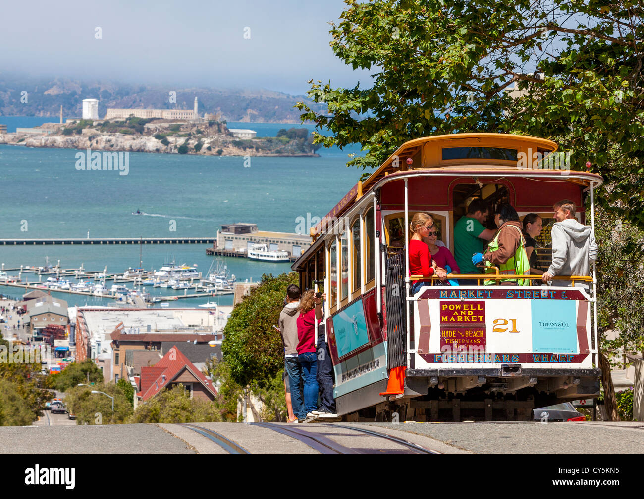 The MUNI public transportation and cable car system in San Francisco, California with Alcatraz in the background. Stock Photo