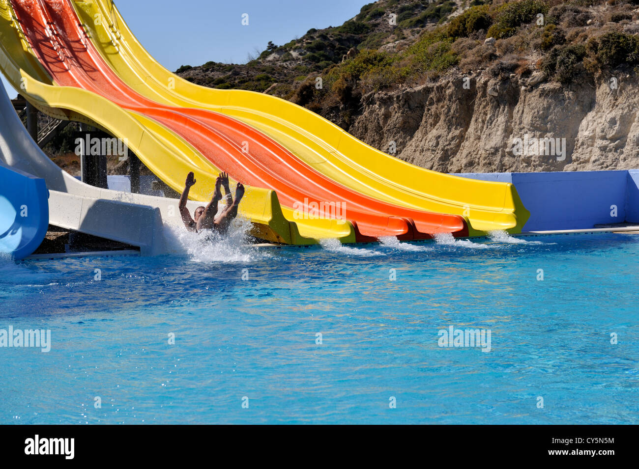 Water slide at Adventureland, 'Blue Lagoon Village', island of Kos, Greece Stock Photo
