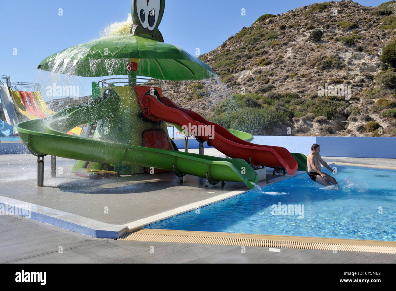 Water slide at Adventureland, 'Blue Lagoon Village', island of Kos, Greece Stock Photo