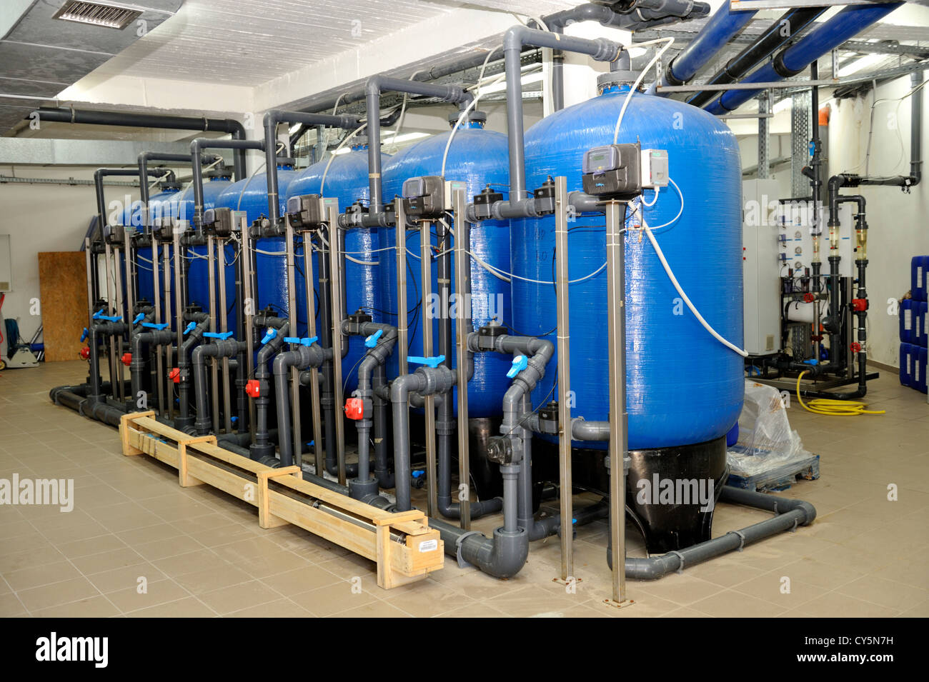 Water treatment facility filtering system in large resort hotel Stock